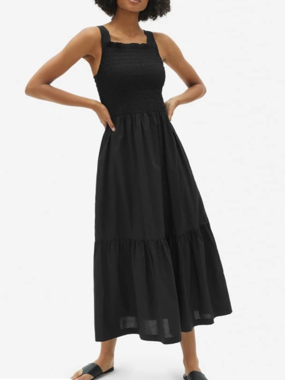 Everlane Black Smocked Midi Dress Size XL 100% Cotton Pockets Tiered Breathable